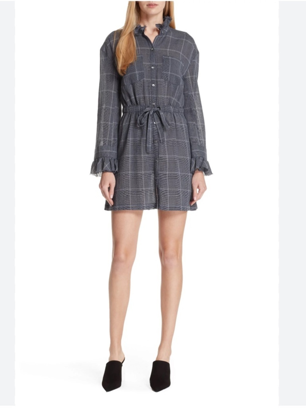 Cinq a Sept long sleeve mini dress size XS plaid shirt dress ruffle collar - Picture 2 of 5